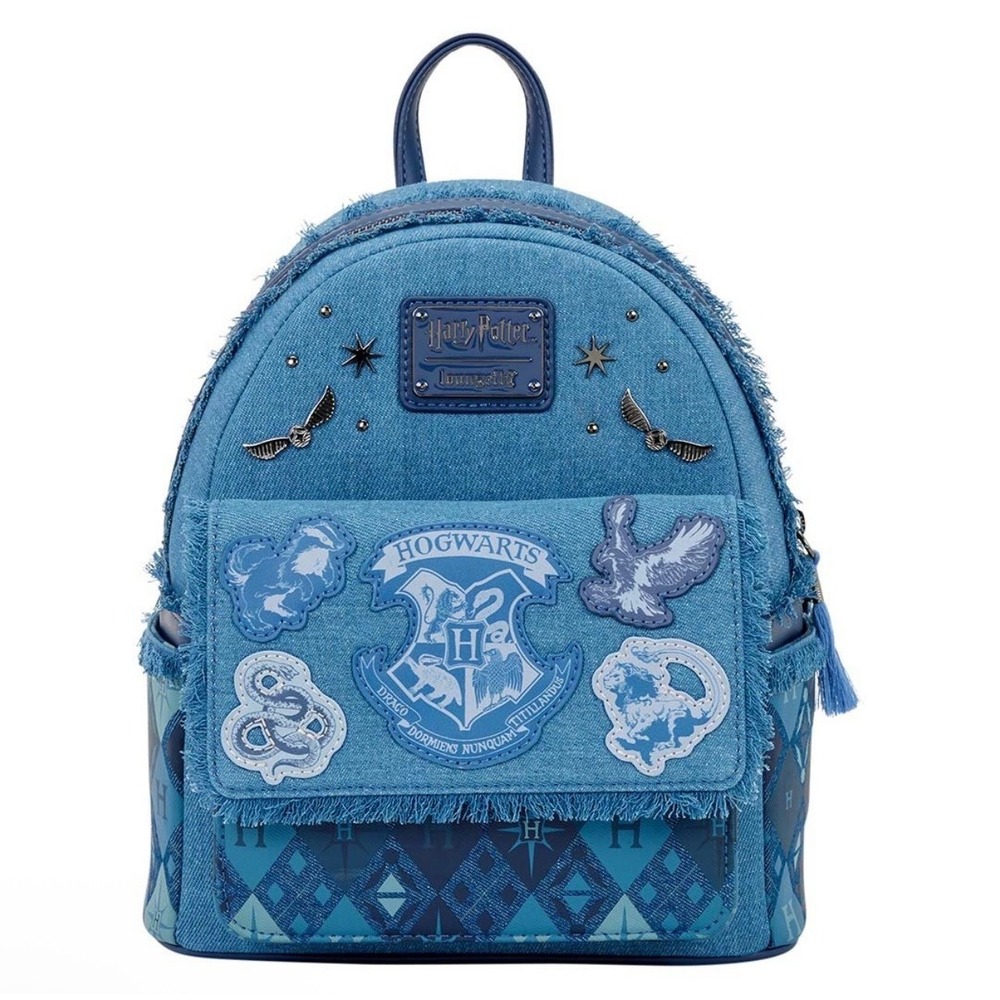 Loungefly Harry Potter Hogwarts Houses Denim Mini Backpack NWT